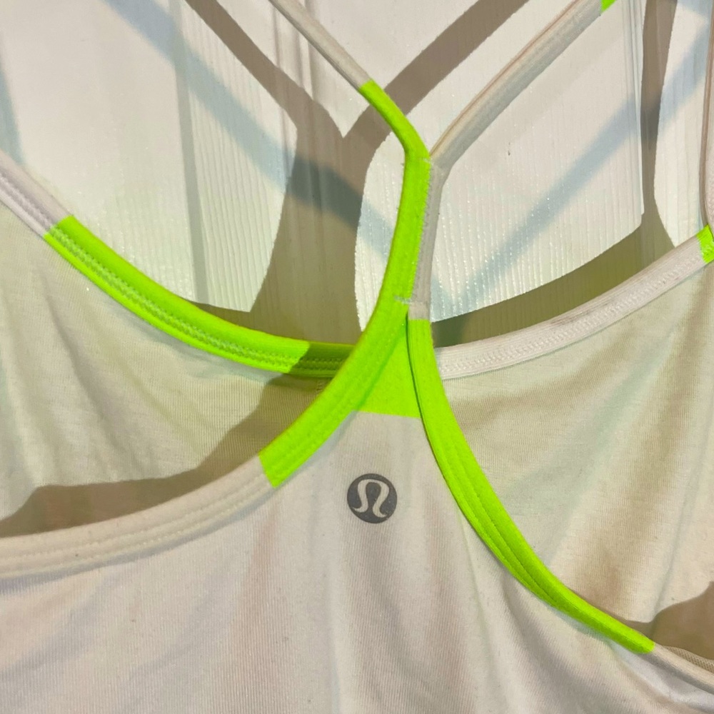 Lululemon Fluorescent/Neon Yellow & White Striped Racerback Tank w/Shelf Bra